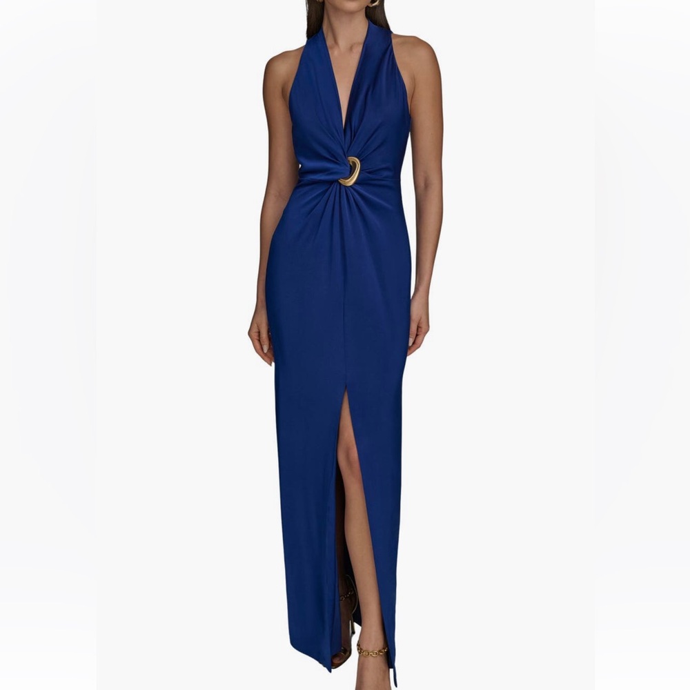 Donna Karan Satin,fully Lined,brooch Accent Waist Gown,Sz 6,New without tag,blue